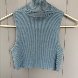 Blue Ribbed Sleeveless Turtleneck Crop Top